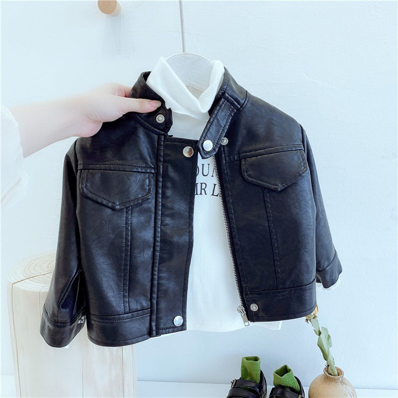 Autumn PU Leather Jackets Spring Kids Boys Girls Classics Handsome Lapel Zippe image 1
