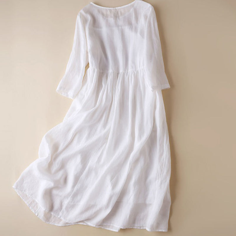 Pocket Ethnic Style Midi Dress O-neck Button Long Skirt Casual Elegant Holiday image 2