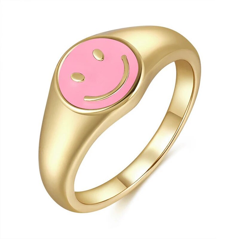 YUXINTOME 24k Gold Plated Colored Enamel Smile Face Wide Ring For Women Trend C image 3