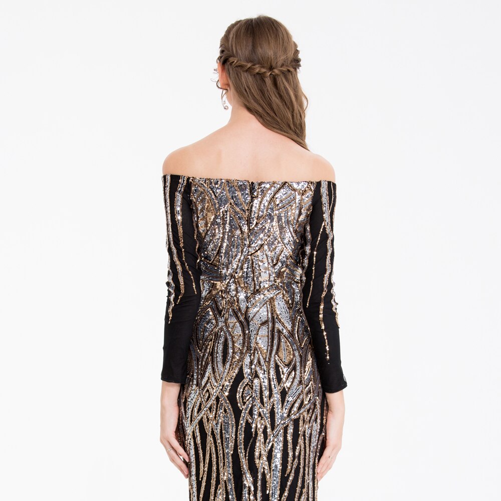 Angel-fashions Vintage Sequin Prom Gown Off Shoulder Long Sleeves Gold Silver image 4