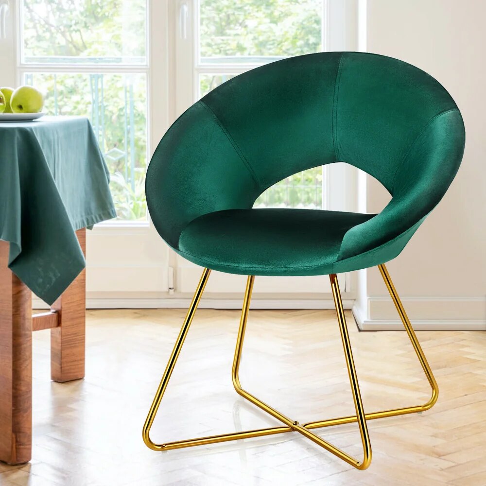 Accent Velvet Chair Dining Arm Chair Make-up Stool W/Golden Metal Leg Dark Gree image 3