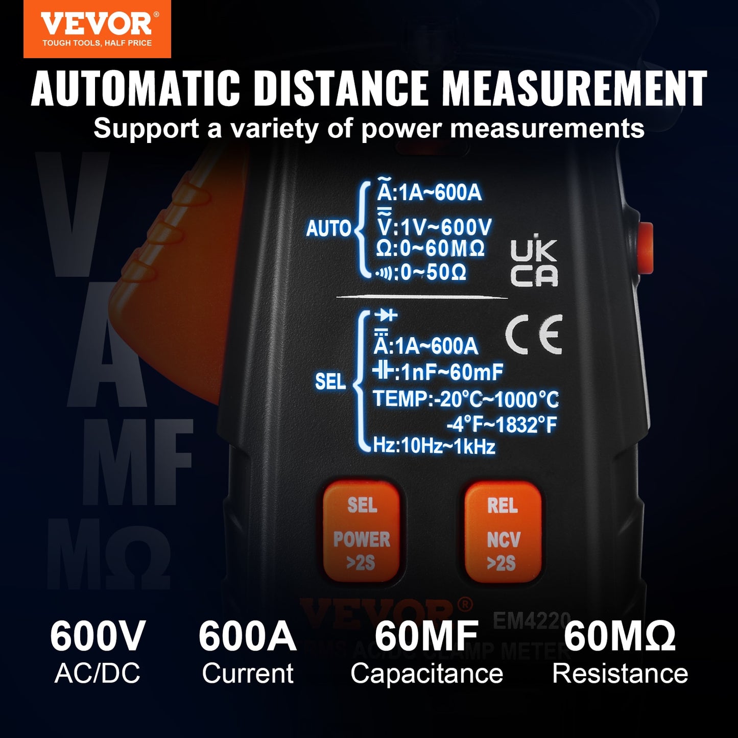 VEVOR Digital Clamp Meter T-RMS 600A/1000A Clamp Multimeter Tester AC/DC Curren image 3