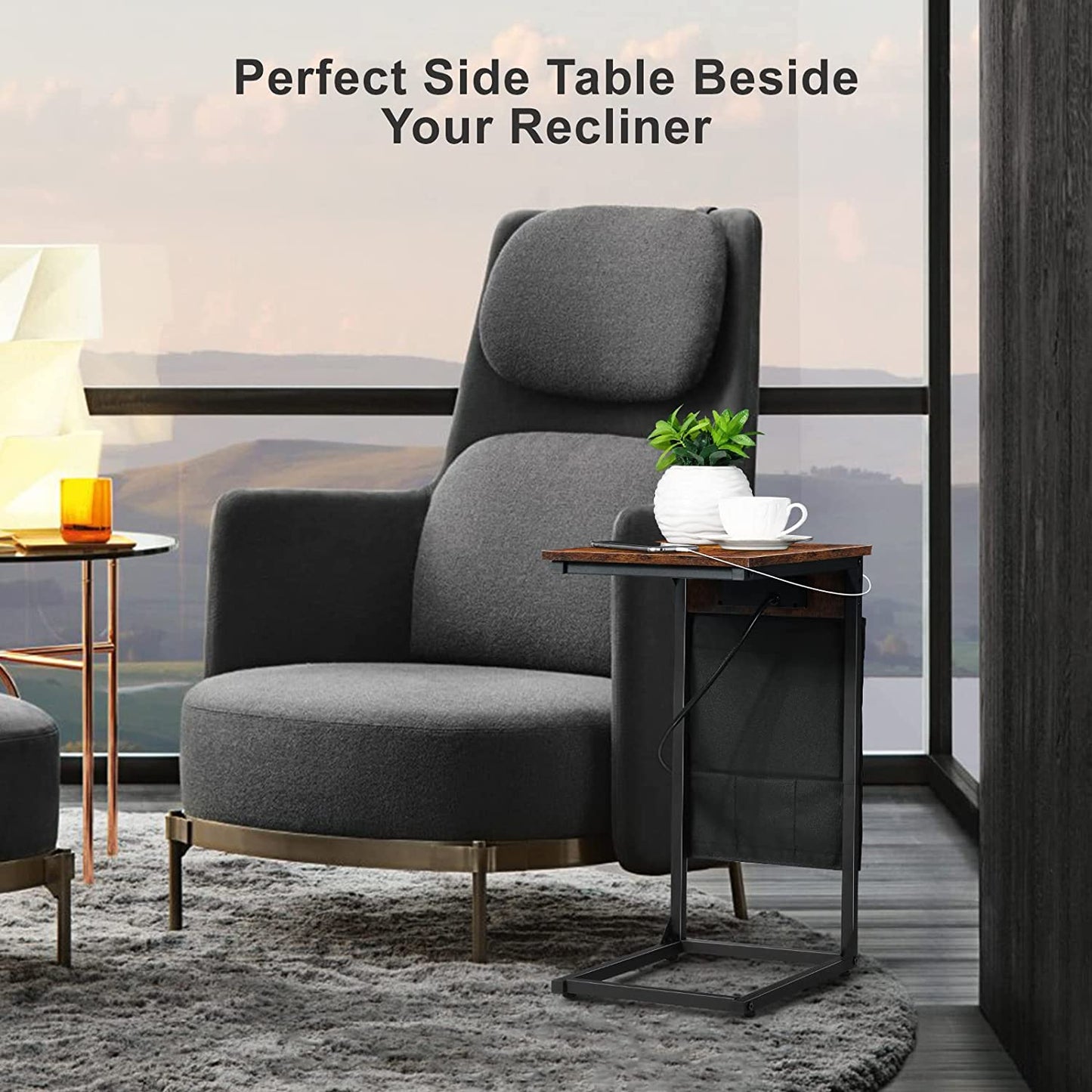 Set of 2 C-shaped Side Table with USB Ports and Outlets Couch Tables for Bedroo image 2