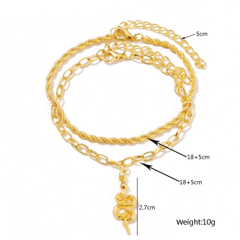 Simple Vintage Double Layered Anklets Snake Pendant Golden Anklet Personalized image 2