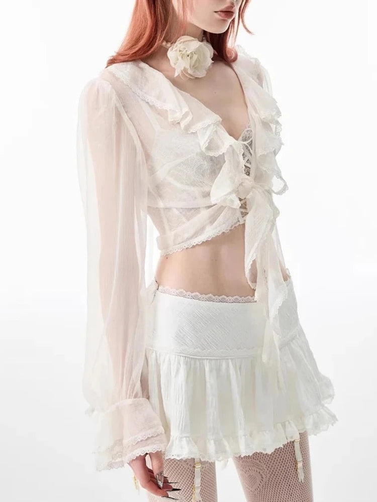 HOUZHOU Coquette Mini Skirt Women 2023 Kawaii Lace Mesh Patchwork Cute White Hi image 4
