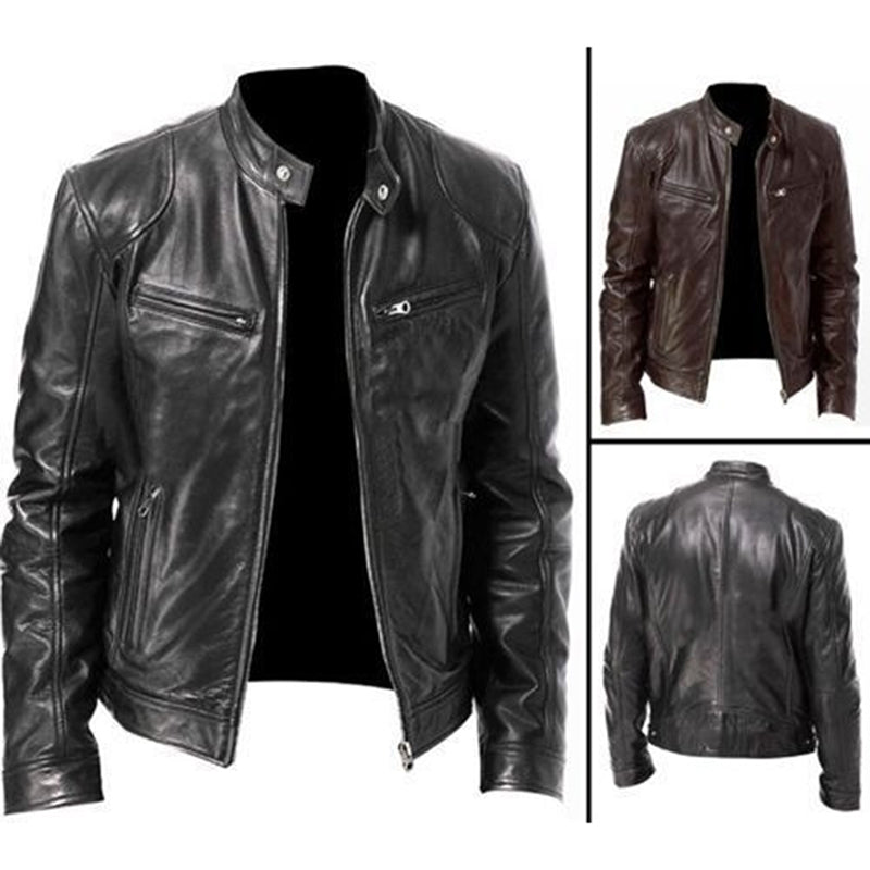 2023 Mens Fashion Leather Jacket Slim Fit Stand Collar PU Jacket Male Anti-wind image 4