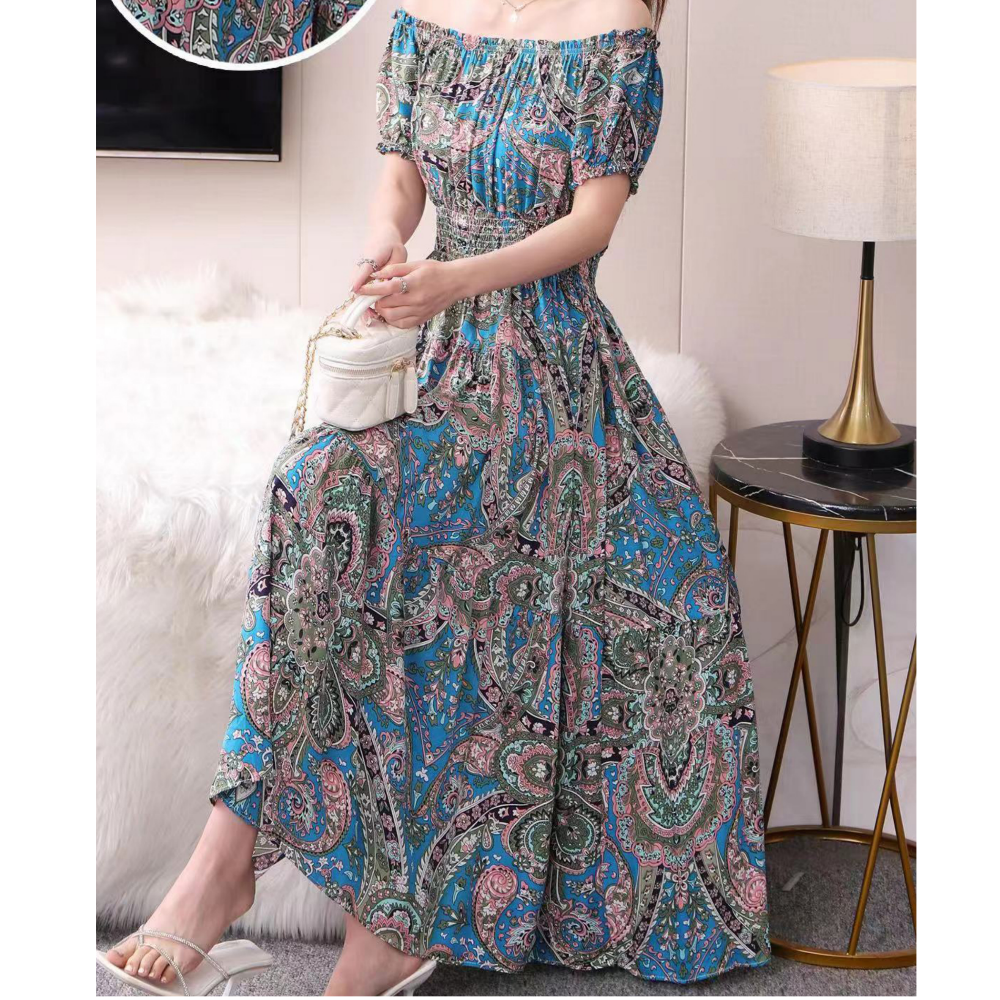 Bohemian Summer Trendy New Elegant Retro Vintage Midi Dress Large Swing Print E image 4