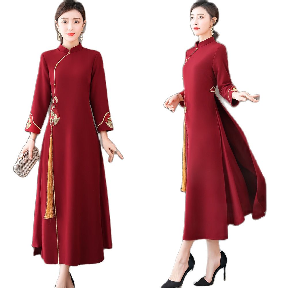 Asian Gown Women Dress Spring Autumn Full Sleeve Ladies Improved Cheongsam AO D image 1