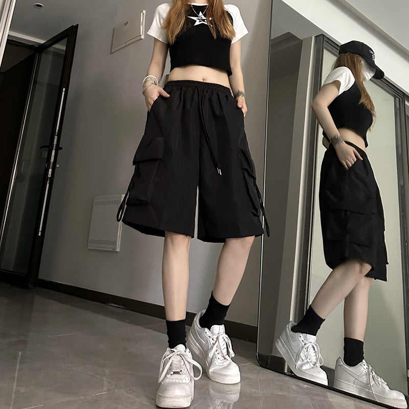 ZOKI Women High Waist Cargo Shorts American Style Streetwear Summer Wide Leg Pa image 3