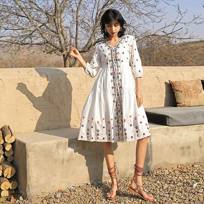 Vintage Cotton Embroidery Floral Casual Loose Lace Up Boho Beach Mini Dress Wom image 5