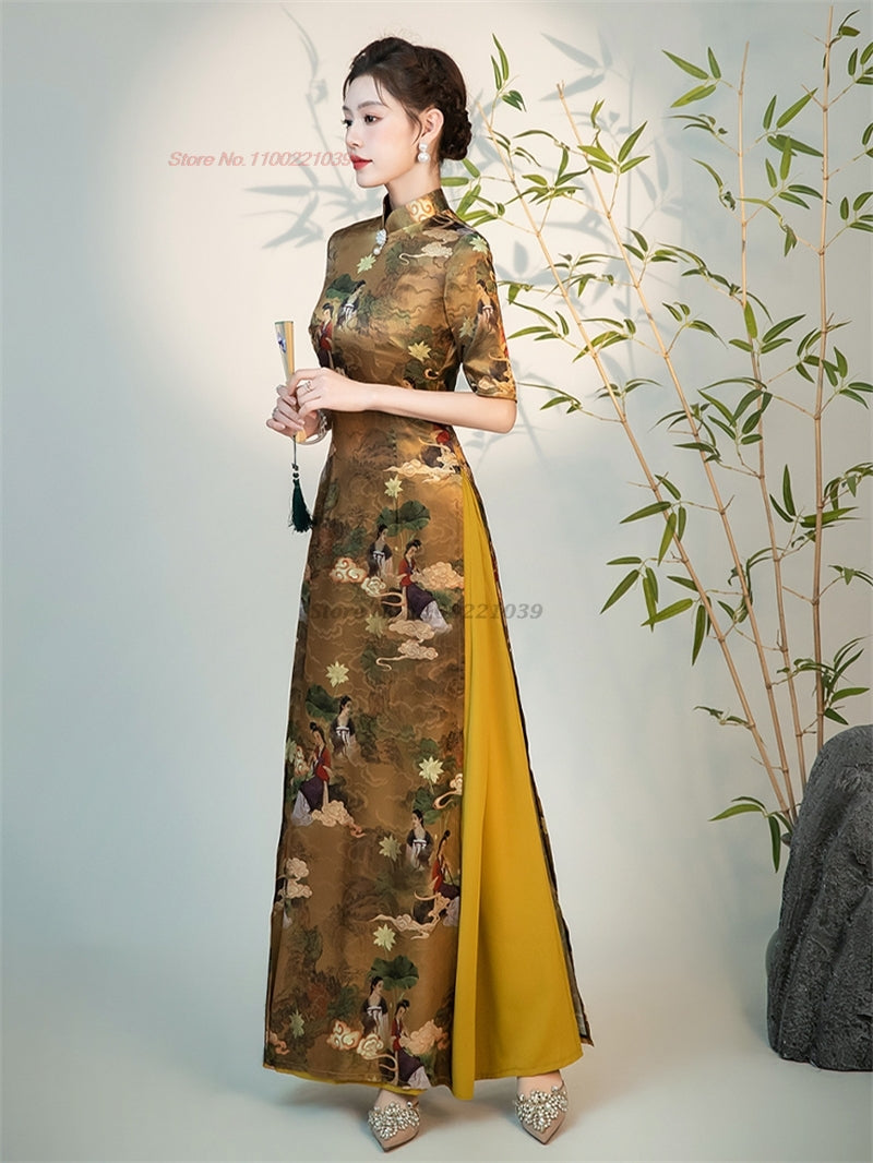 2024 vietnam traditional aodai dress chinese improved qipao national crane prin image 3
