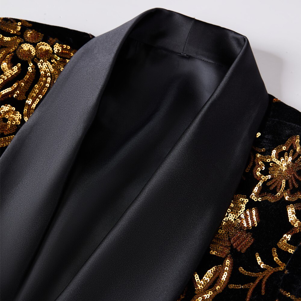 Black Shiny Gold Sequin Glitter Embellished Blazer Jacket Nightclub Prom Suit image 2