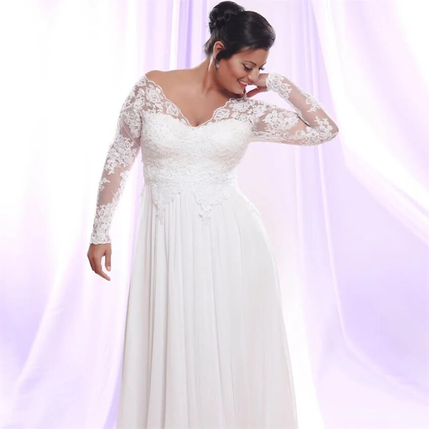 NUOXIFANG White/Ivory Long Sleeves Chiffon Wedding Dresses Plus Size Deep V-nec image 1