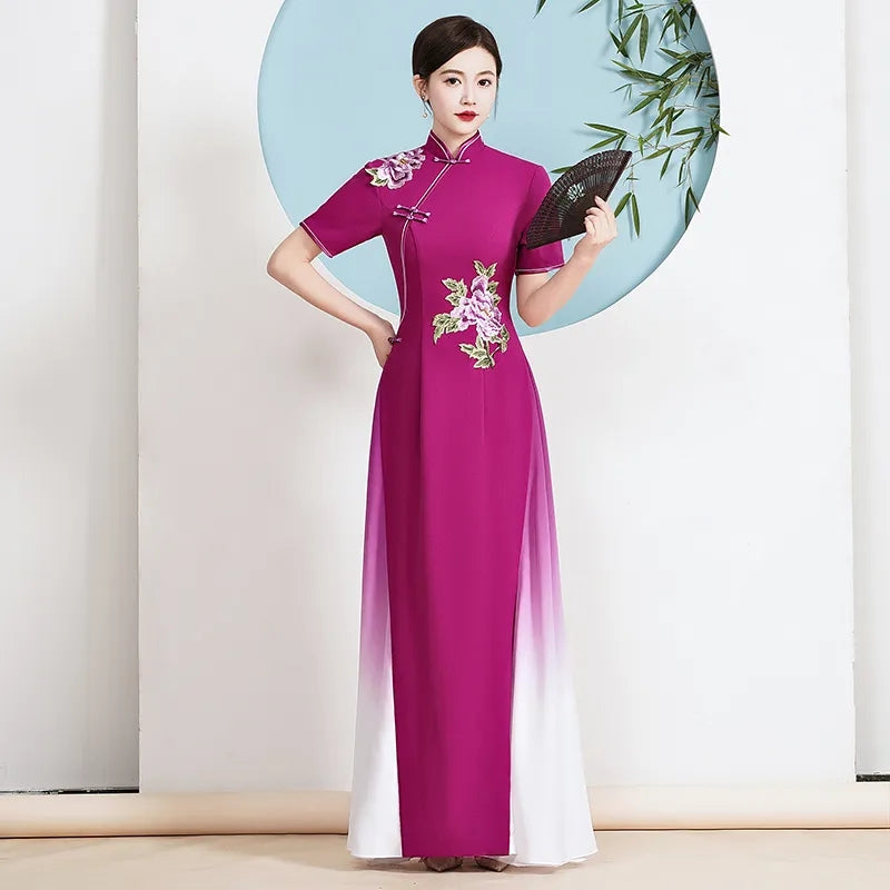 2024 Ao Dai Cheongsam Folk Style Vietnam Chiffon Aodai Elegant Women Flower Emb image 1