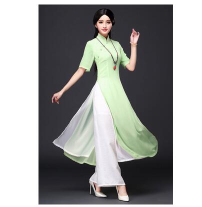Traditional Vietnam Ao dai Women Cheongsam Summer Oriental Dress Include Pants image 3