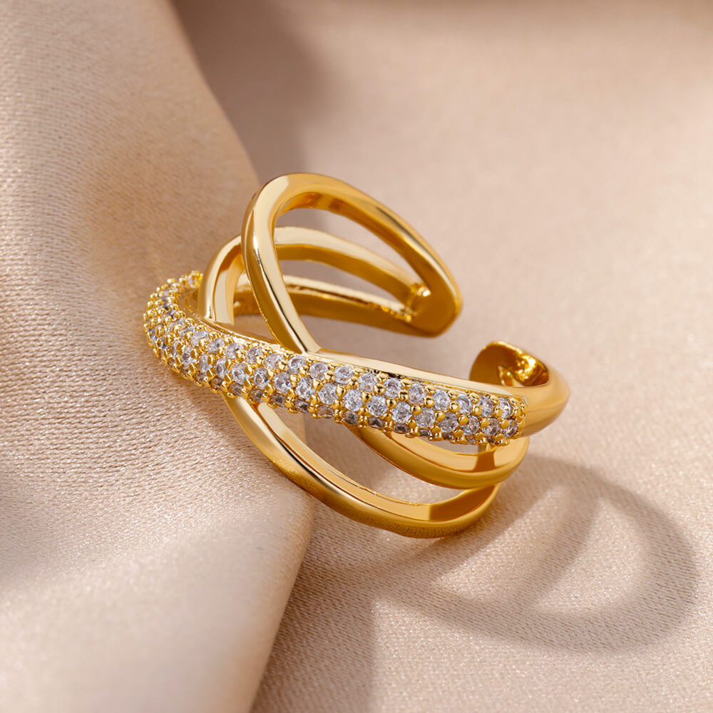 Fashion Gold Color Stainless Steel Rings For Women Chain Hollow Out Crystal Zir image 22