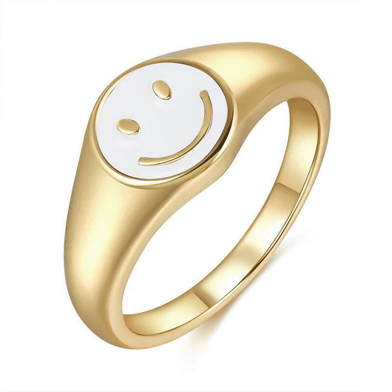 YUXINTOME 24k Gold Plated Colored Enamel Smile Face Wide Ring For Women Trend C image 6