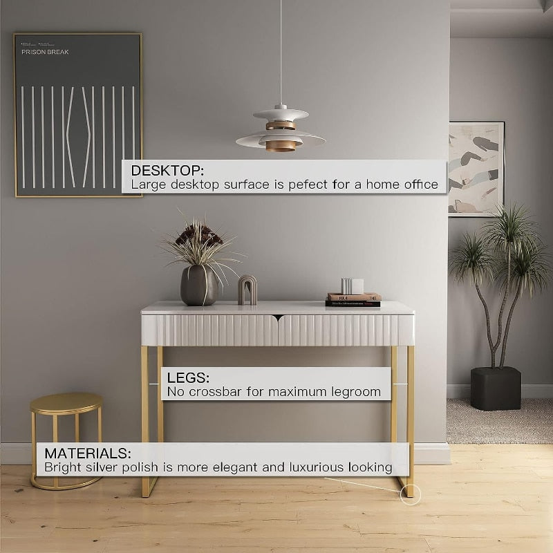White Vanity Desk with 2 Drawers, Gold and White Desk,Home Office Desk Modern M image 5