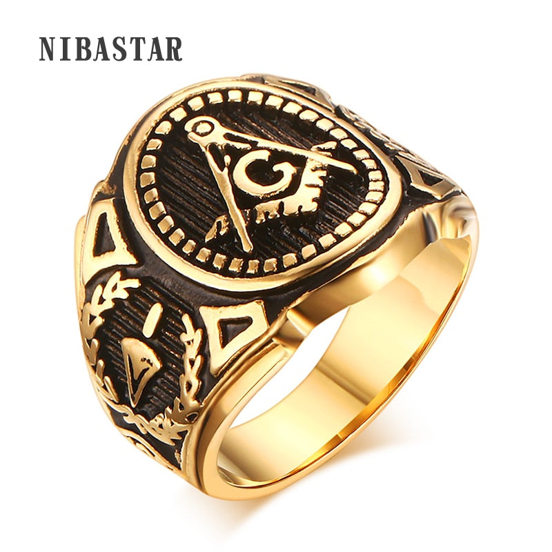 Punk New Men's Stainless Steel Masonic MASON Gold Color Tone Biker Ring Size 8- image 1