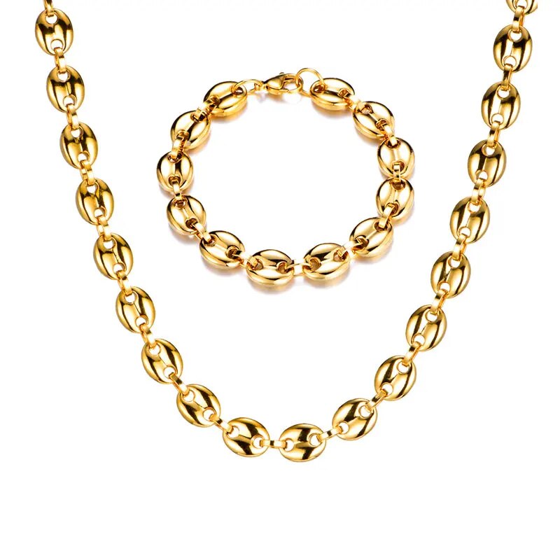 Width 11MM Stainless Steel Gold Plated Coffee Beans Link Chain Necklace Bracele image 3