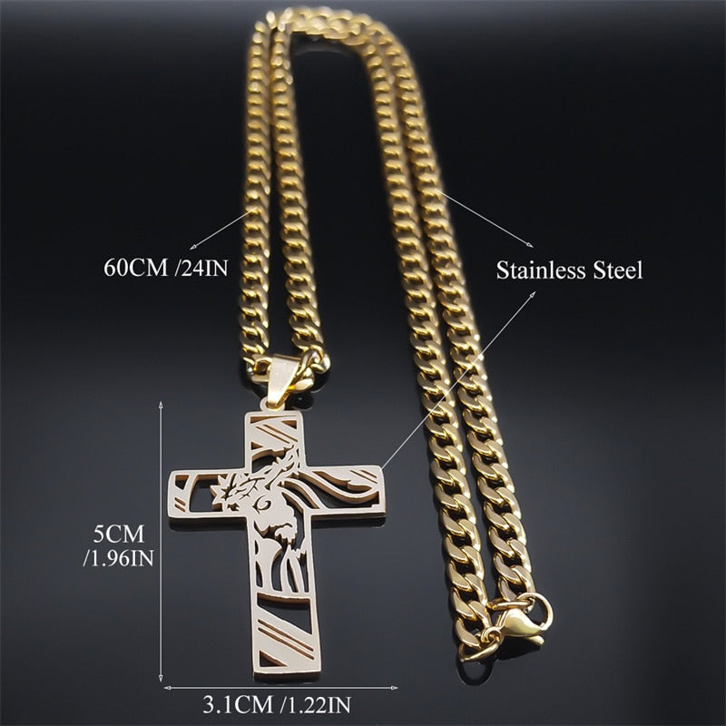 Hip Hop Punk Crown of Thorns Jesus Cross Necklace for Men Stainless Steel Gold image 14