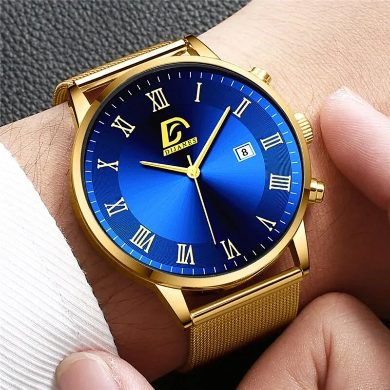 2PCS Set Fashion Mens Calendar Watches Luxury Men Business Gold Stainless Steel image 6