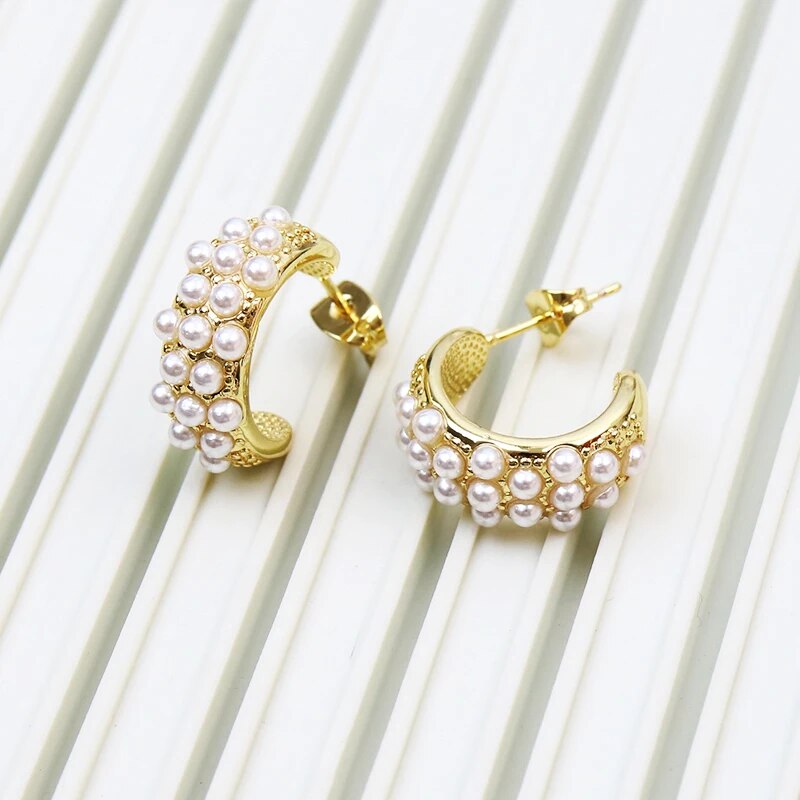 5 Pairs Fashion Design Elegant Pearls Hoop earrings Gold Plated Pearls Earring image 2