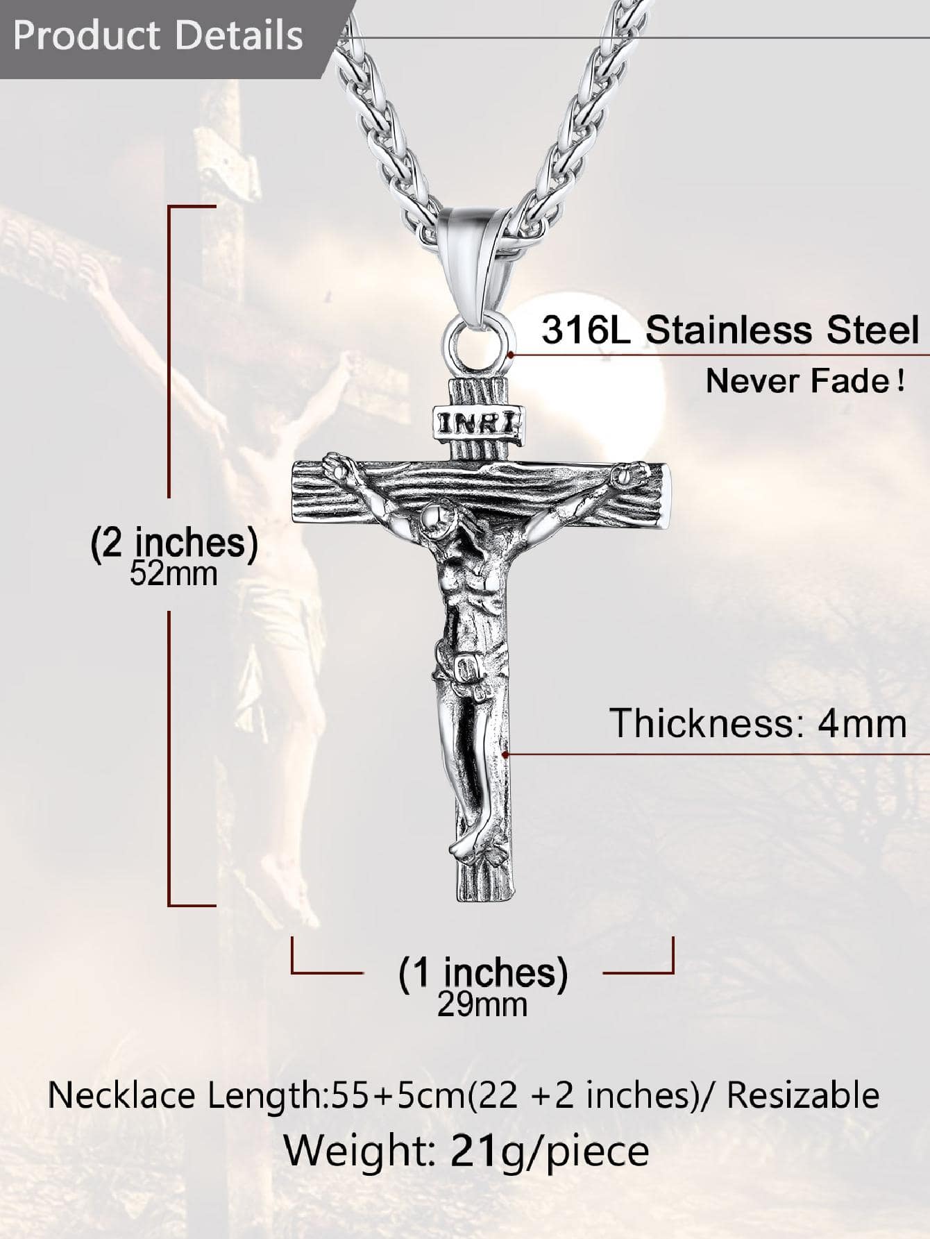 U7 Men INRI Cross Pendant Baptism Christian Jewelry Stainless Steel/Gold/Black/ image 23