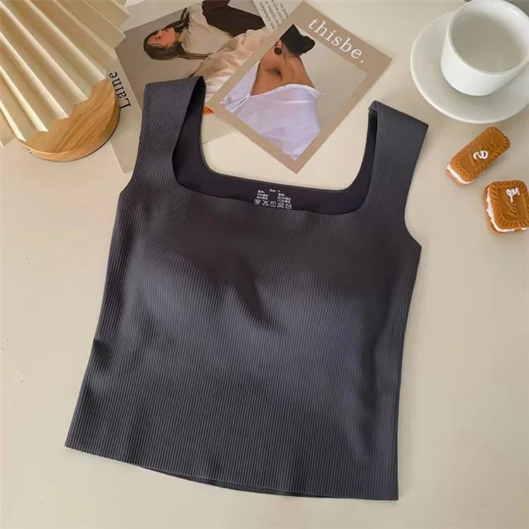New Wide Shoulder Camisole Square Neck Beautiful Back Threaded Vest Women's Sea image 2