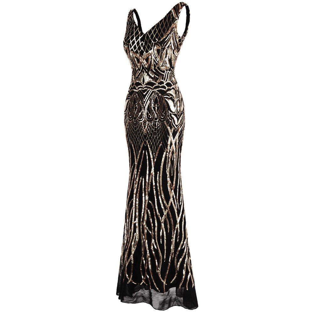 Angel-fashions Women's V Neck Evening Dress Gold Sequin Vintage 1920S image 4