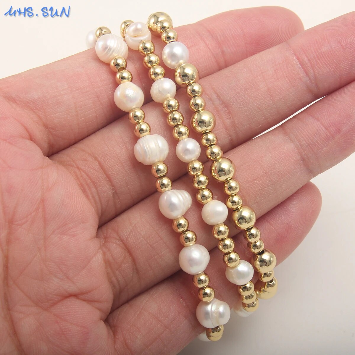 MHS.SUN Elegant Natural Pearl Gold Plated Stainless Steel Beaded Bracelet Handm image 6
