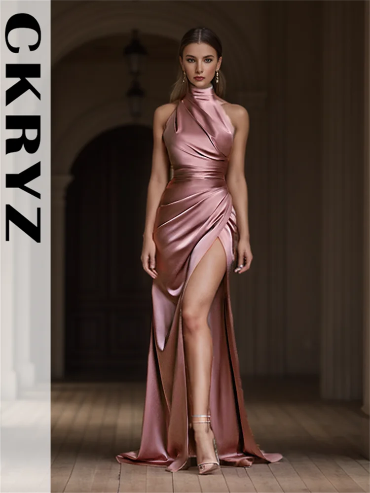 Ladies Satin New Evening Party Dresses Women Sleeveless Backless Halter Side Sl image 5