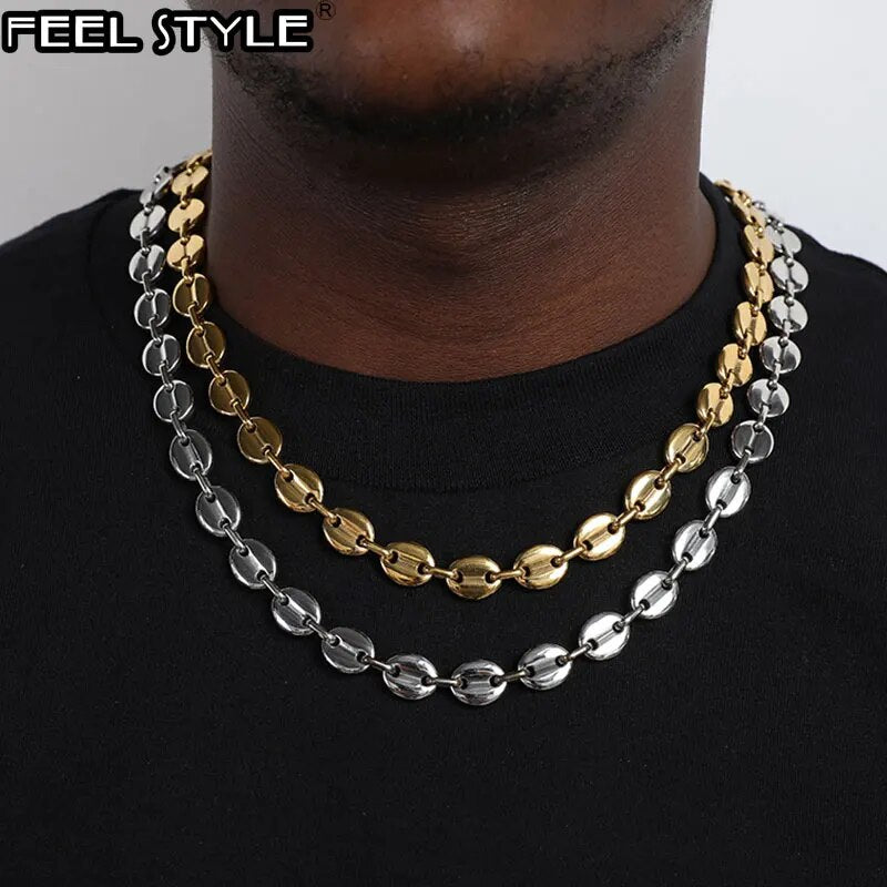 Width 11MM Stainless Steel Gold Plated Coffee Beans Link Chain Necklace Bracele image 1