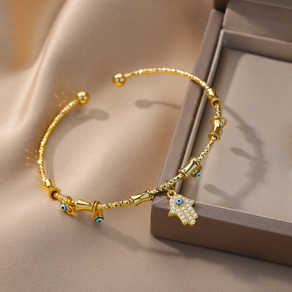 Zircon Fatima Hand Evil Eye Bracelet For Women Vintage Stainless Steel Gold image 2