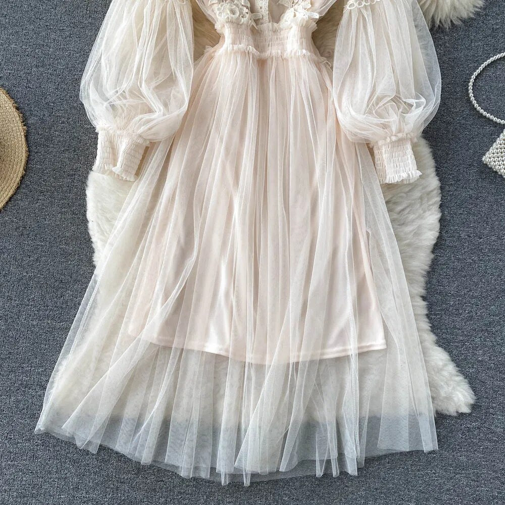Women Evening Dress Three-dimensional Decoration Floral Mesh Stand Collar Lante image 9
