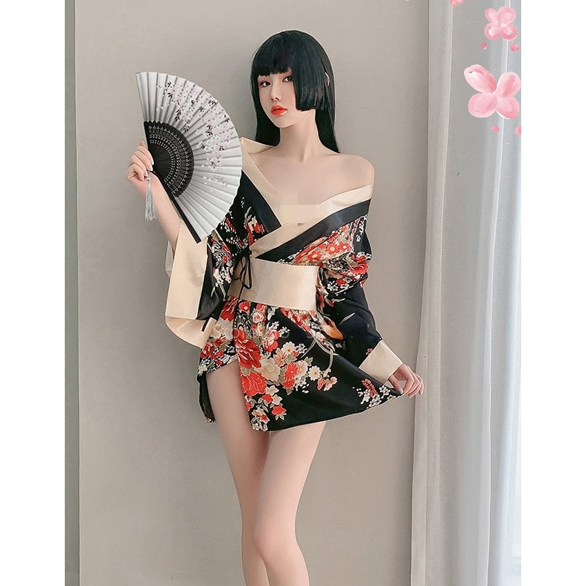 Japanese Kimono Dress for Women Cardigan Gorgeous Floral Print Yukata Asian Obi image 5