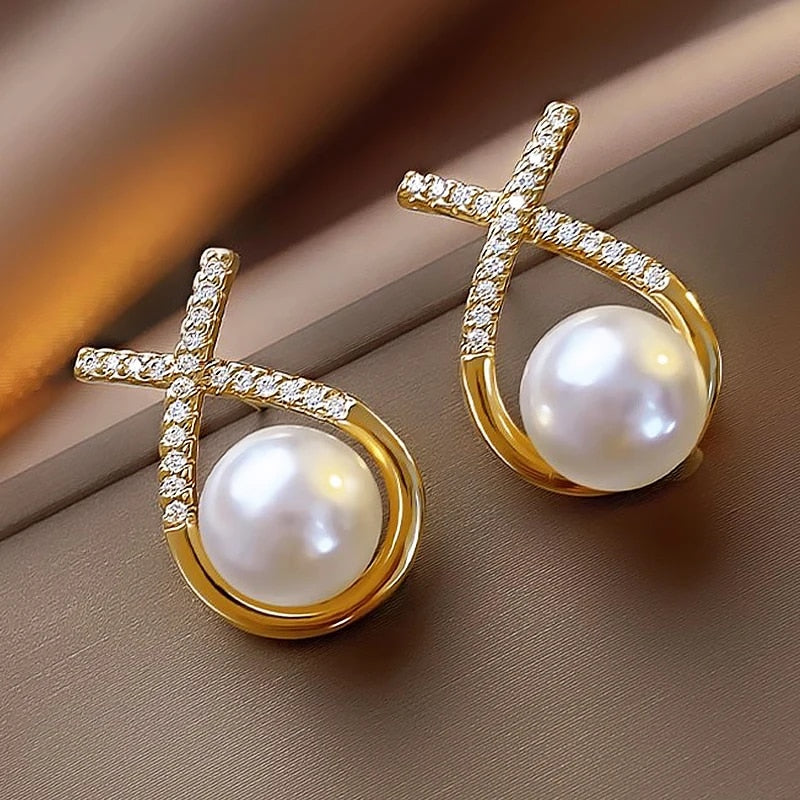 Gold Color Metal Fashion Korean Pearl Earrings For Women Sparkling Zircon Penda image 34