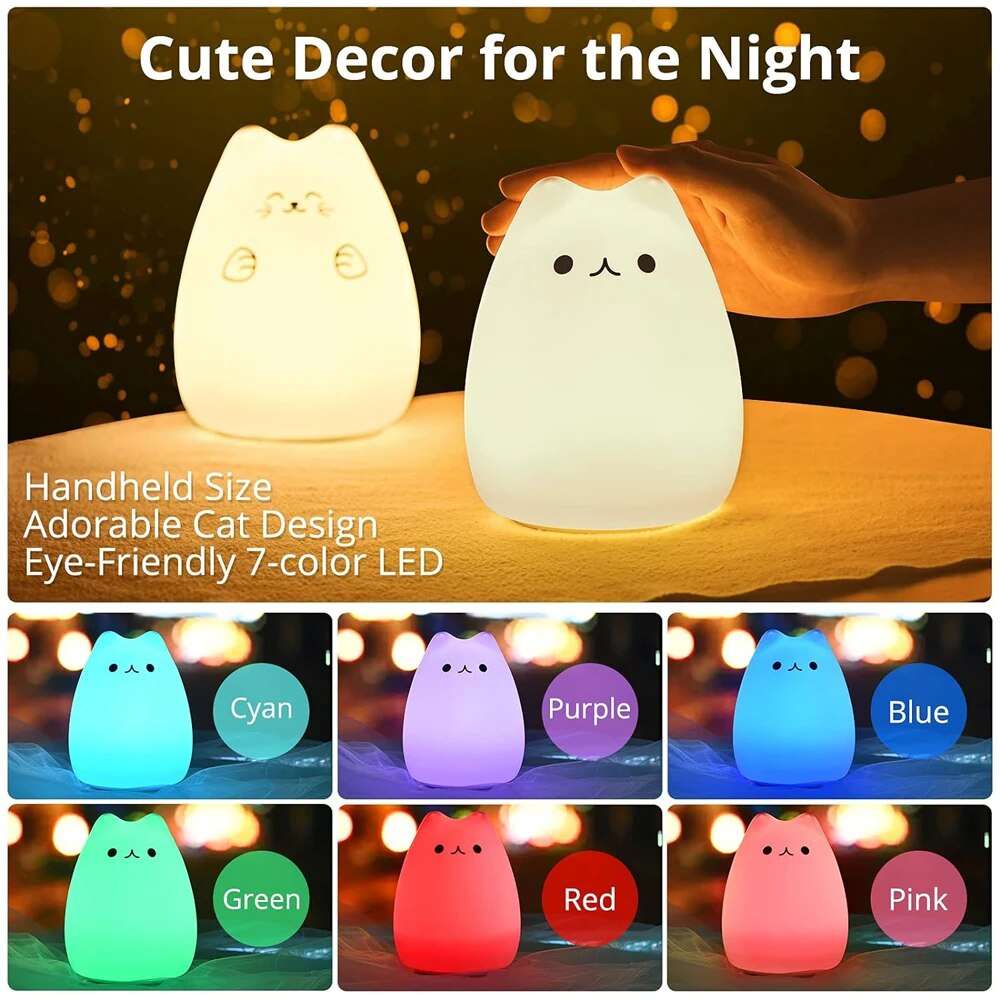 Cute Cat Night Light 7 Colors Silicone Nursery Cat Lamp for Kids Tap Control En image 0