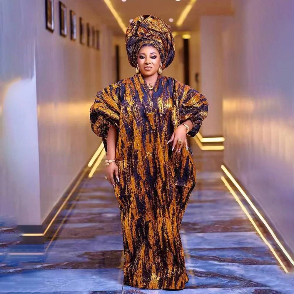 African American mother expensive custom hot gold jacquard fabric loose dress image 2