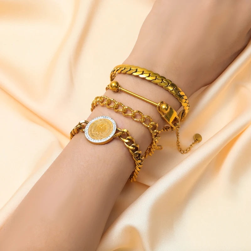 EILIECK 316L Stainless Steel Gold Color Flat Wide Chain Necklace Bracelet For W image 8