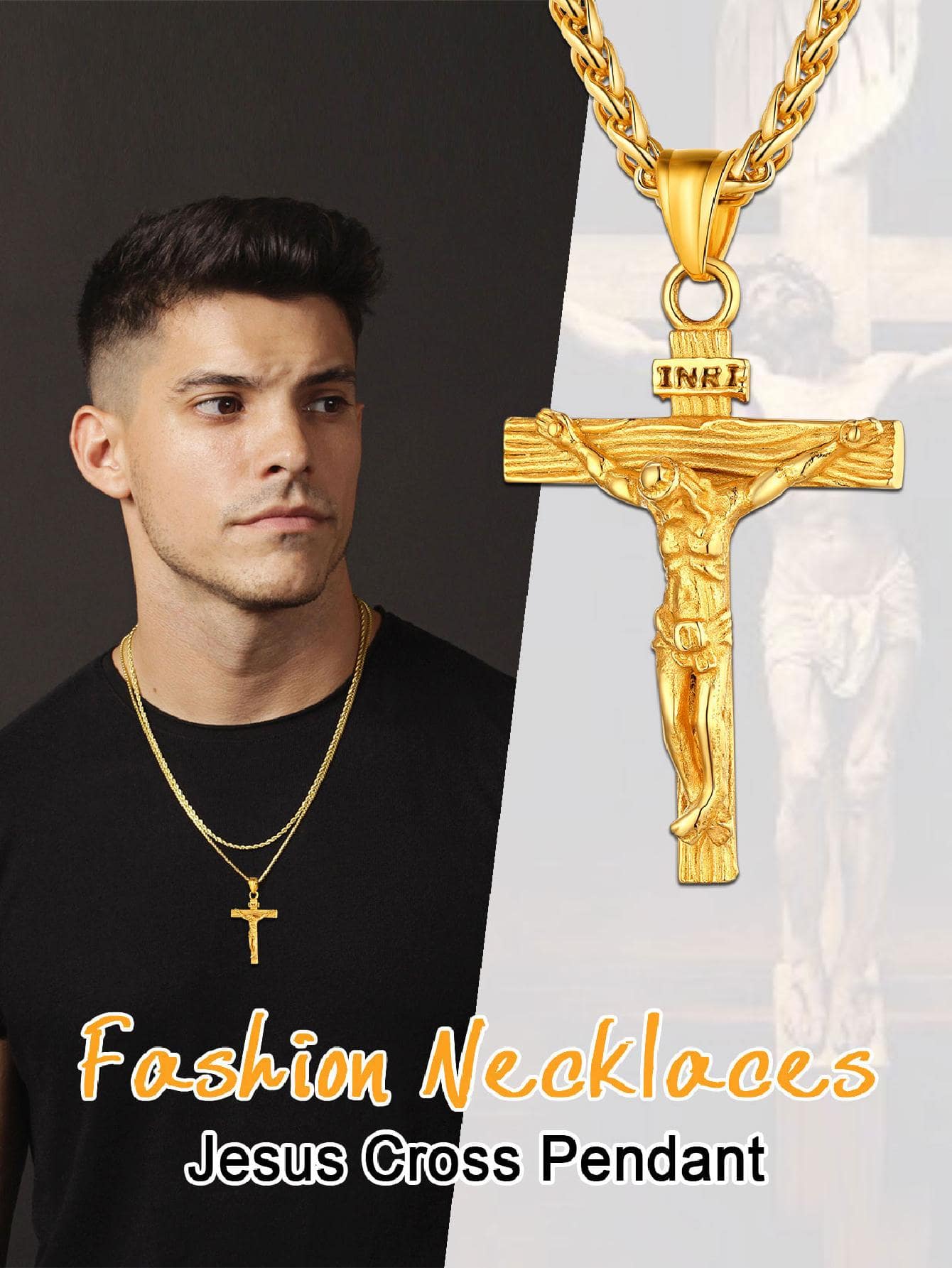 U7 Men INRI Cross Pendant Baptism Christian Jewelry Stainless Steel/Gold/Black/ image 4