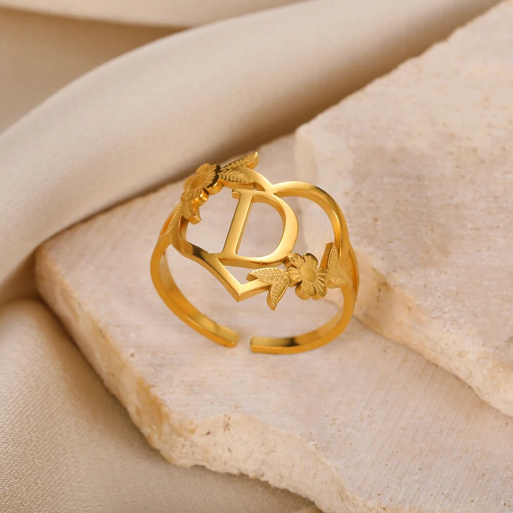 Stainless Steel Initials Flower Heart Rings Gold Color Adjustable Delicate Lett image 7