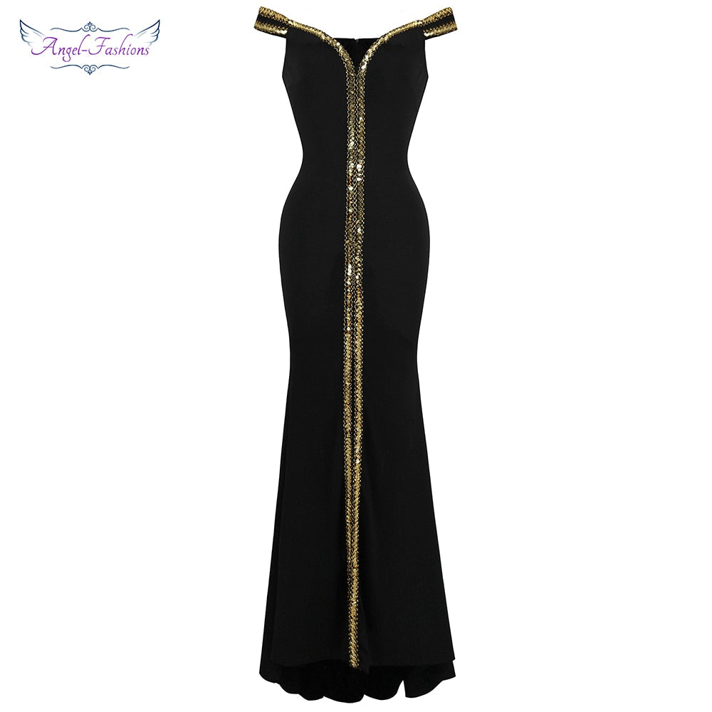 Angel-fashions Women's Boat Neck Formal Black Dress Gold Sequin Slit Evening image 7