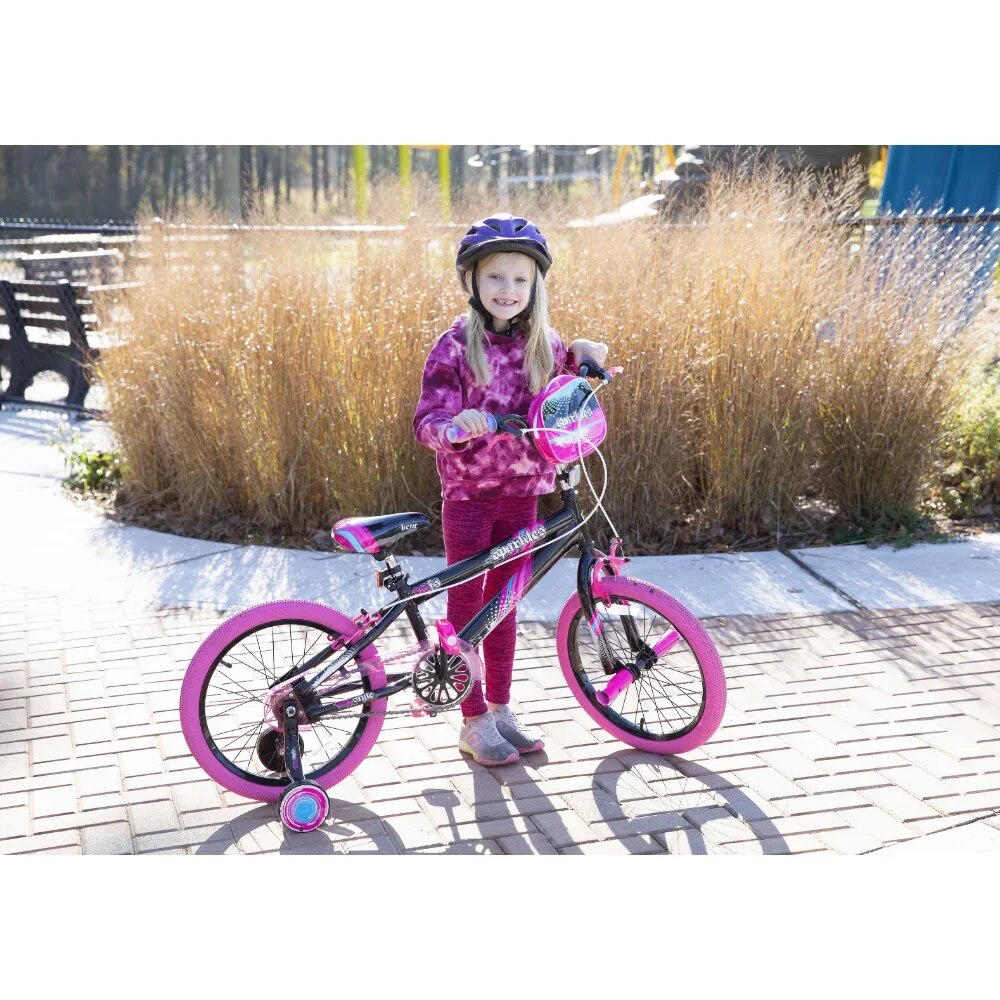 GISAEV 18 Inch Girl's Sparkles Bicycle, Black and Pink Adjustable Training Whe image 3