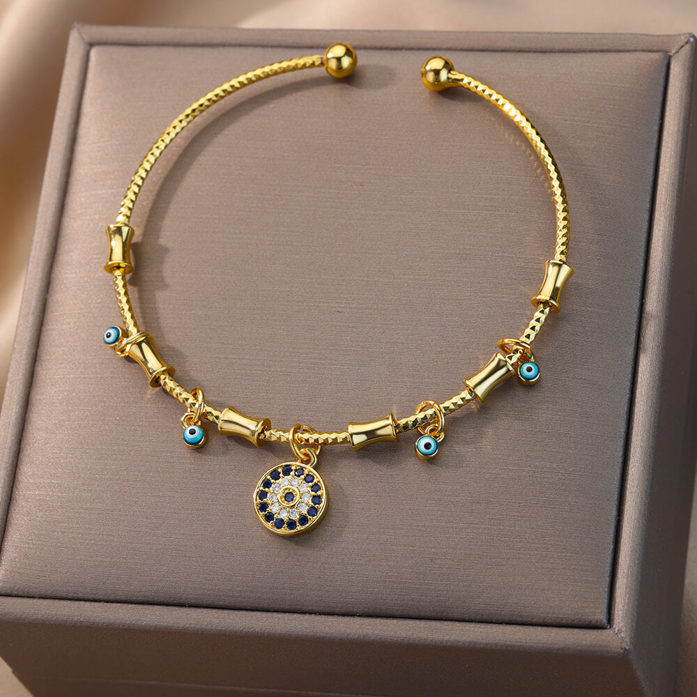 Zircon Fatima Hand Evil Eye Bracelet For Women Vintage Stainless Steel Gold image 3
