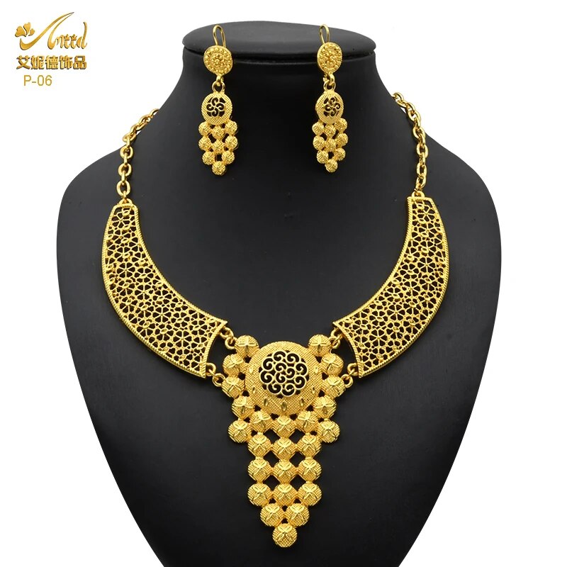 Indian Gold Plated Jewelry Set For Women African Bridal 24K Gold Color Necklace image 24
