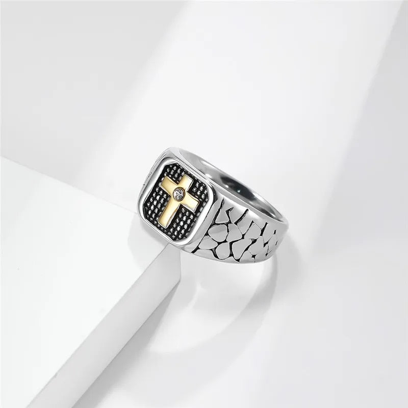 Punk Black Gold Color Cross Ring Men Titanium steel Crack Warrior Men's Jewelry image 5