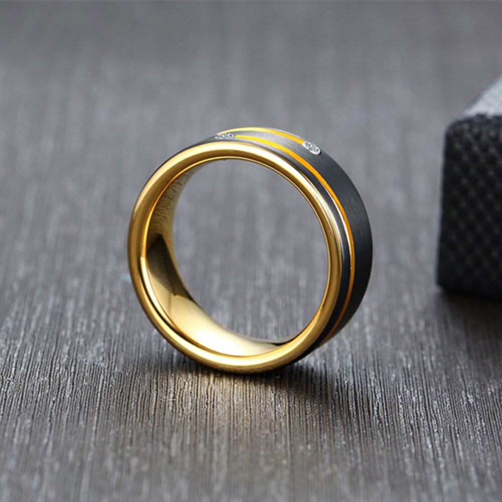 Newshe Mens Tungsten Carbide Ring Black and Golden Color 8mm Wedding image 2
