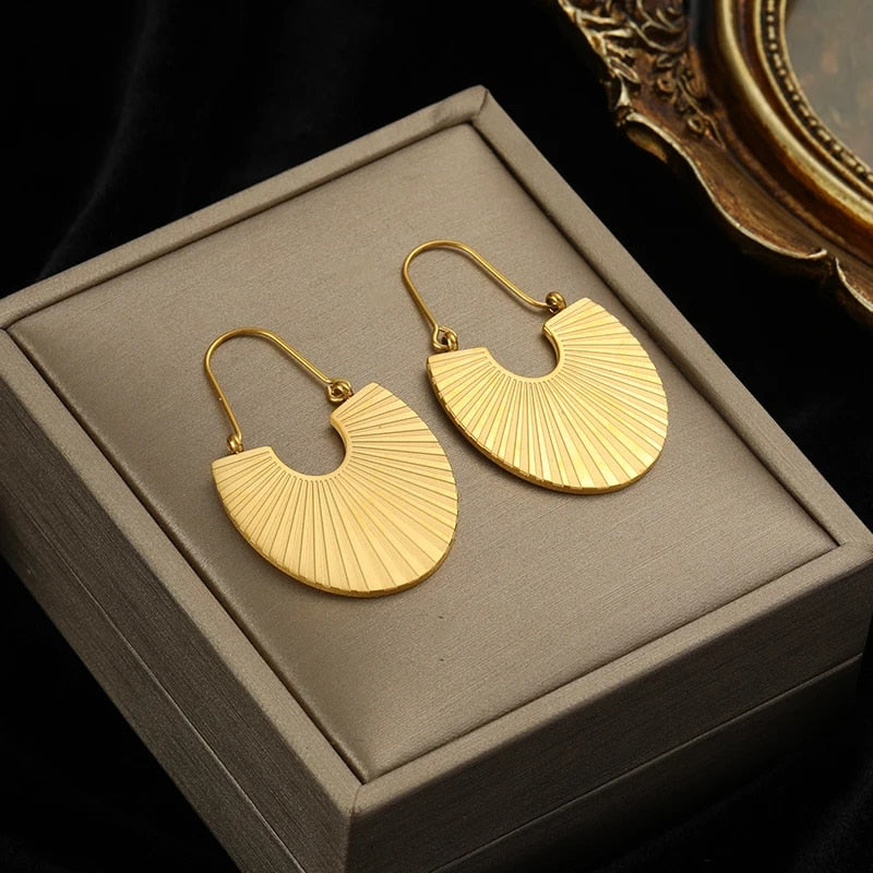 EILIECK 316L Stainless Steel Gold Color Fan Geometric Bohemian Drop Hoop Earrin image 6