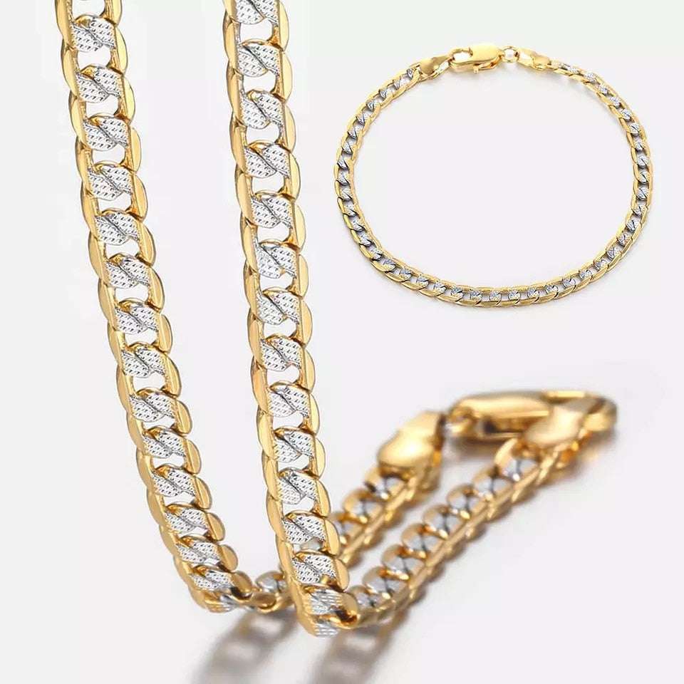 4mm Flat Hammered Curb Cuban Necklace Bracelet Set Gold Color Mix Silver Color image 1